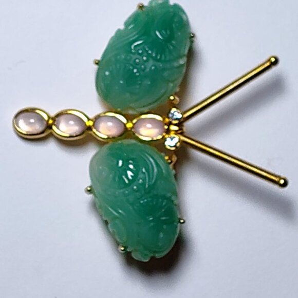 Vintage signed carved jade Rhinestones natural stones gold tore - Picture 2 of 4